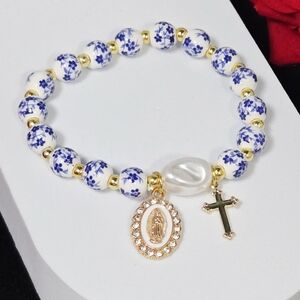 Blue Floral Ceramic Miraculous Medal Bracelet Virgin Mary Catholic Prayer Gift